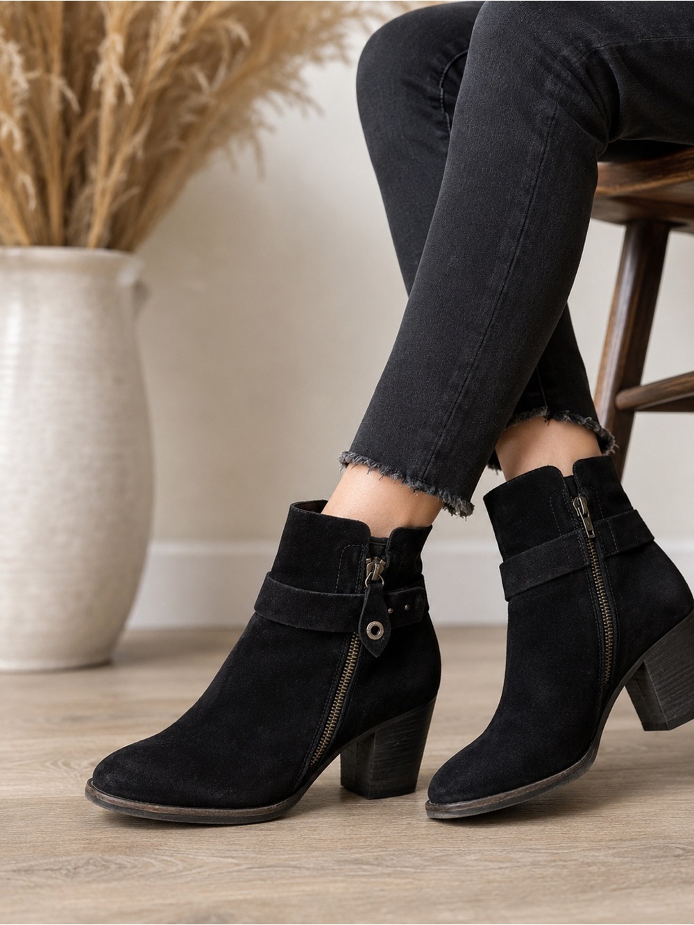 Paul Green Moto Ankle Booties Black Leather Suede Side Zip EU 38.5 Austria